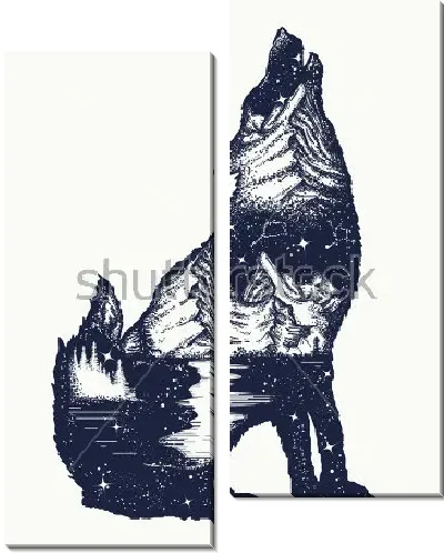 Модульная картина Чёрно-белая иллюстрация ночного пейзажа с горной рекой и лесом в силуэте воющего волка