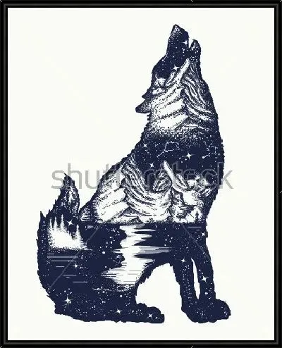 Картина Чёрно-белая иллюстрация ночного пейзажа с горной рекой и лесом в силуэте воющего волка