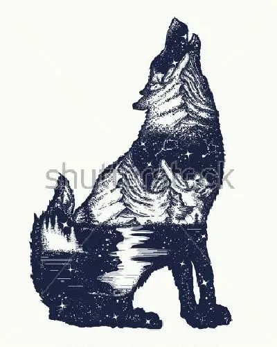 Плакат Чёрно-белая иллюстрация ночного пейзажа с горной рекой и лесом в силуэте воющего волка