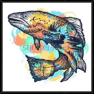 Яркая иллюстрация ночного пейзажа и компаса в силуэте рыбы на разноцветных пятнах