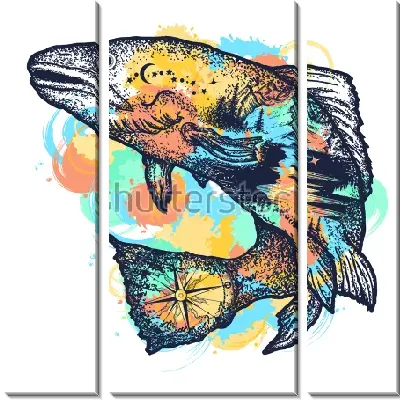 Яркая иллюстрация ночного пейзажа и компаса в силуэте рыбы на разноцветных пятнах