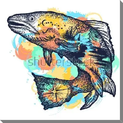 Постер Яркая иллюстрация ночного пейзажа и компаса в силуэте рыбы на разноцветных пятнах