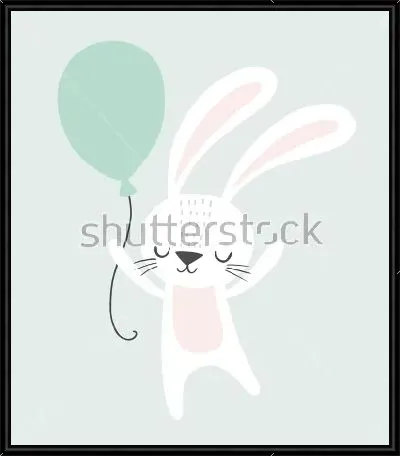 Милый белый зайчик с голубым шариком на светлом фоне