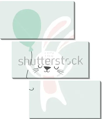 Милый белый зайчик с голубым шариком на светлом фоне