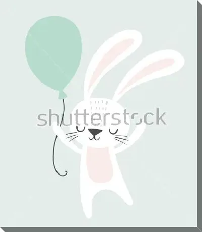 Милый белый зайчик с голубым шариком на светлом фоне