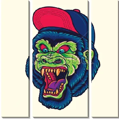 Модульная картина Яркая иллюстрация свирепой синей гориллы в кепке на светлом фоне