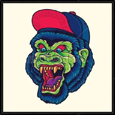 Яркая иллюстрация свирепой синей гориллы в кепке на светлом фоне