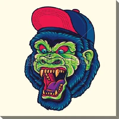Яркая иллюстрация свирепой синей гориллы в кепке на светлом фоне