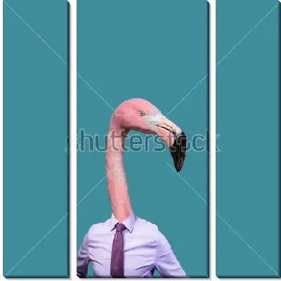 Модульная картина Коллаж с головой розового фламинго в сиреневой рубашке и галстуком на синем фоне