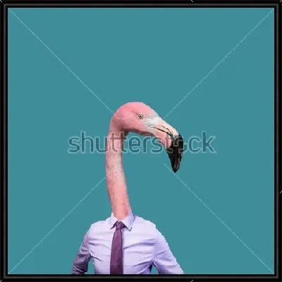 Коллаж с головой розового фламинго в сиреневой рубашке и галстуком на синем фоне