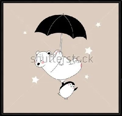 Медвежонок и пингвин летят на зонтике среди звёзд