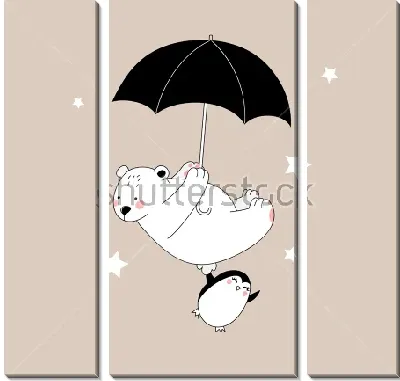 Медвежонок и пингвин летят на зонтике среди звёзд