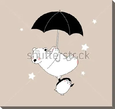 Медвежонок и пингвин летят на зонтике среди звёзд