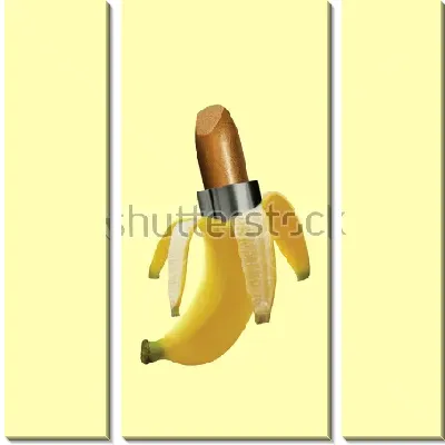 Коллаж с бананом в виде губной помады на жёлтом фоне