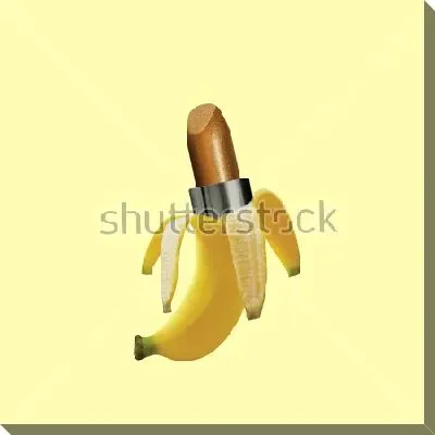 Коллаж с бананом в виде губной помады на жёлтом фоне