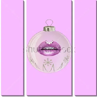 Модульная картина Ёлочный шарик со снежинками и сиреневыми губами на светлом фоне