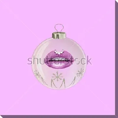 Ёлочный шарик со снежинками и сиреневыми губами на светлом фоне