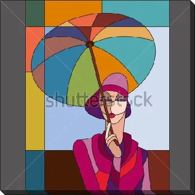 Картина маслом Красочная геометрическая композиция с дамой в красном наряде с зонтиком