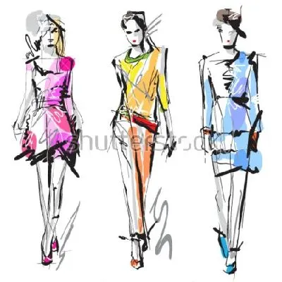 Плакат Яркая иллюстрация трёх моделей в модных нарядах для показа мод