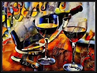 Красочный натюрморт с бутылкой вина, бокалами и штопором на ярком фоне в стиле Пабло Пикассо