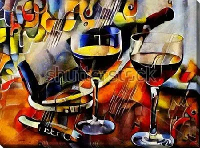 Красочный натюрморт с бутылкой вина, бокалами и штопором на ярком фоне в стиле Пабло Пикассо