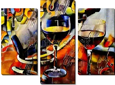 Красочный натюрморт с бутылкой вина, бокалами и штопором на ярком фоне в стиле Пабло Пикассо