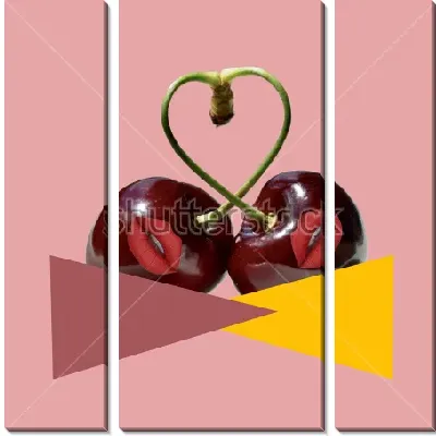 Модульная картина Яркий коллаж с треугольниками и двумя вишенками с губами и веточками, образующими фигуру сердца, на розовом фоне