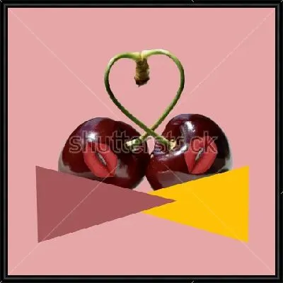 Яркий коллаж с треугольниками и двумя вишенками с губами и веточками, образующими фигуру сердца, на розовом фоне