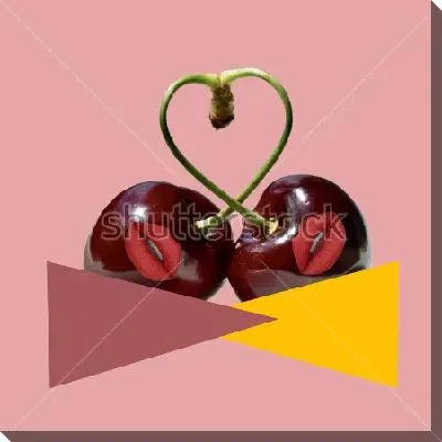 Яркий коллаж с треугольниками и двумя вишенками с губами и веточками, образующими фигуру сердца, на розовом фоне