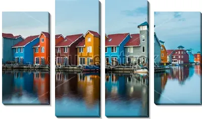Модульная картина Яркие разноцветные голландские домики с отражением в воде