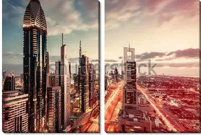 Модульная картина Футуристический пейзаж с самыми высокими небоскребами в мире и огнями скоростной магистрали (Дубай, ОАЭ)