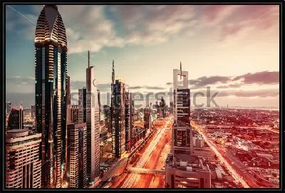 Картина Футуристический пейзаж с самыми высокими небоскребами в мире и огнями скоростной магистрали (Дубай, ОАЭ)