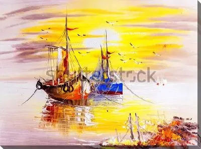 Картина маслом Яркая композиция с двумя рыбацкими лодками на фоне красивого золотого заката