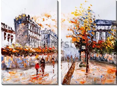 Модульная картина Прозрачная осень на улице Парижа - композиция в стиле современного импрессионизма