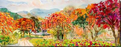 Картина маслом Яркие осенние деревья на прозрачном фоне гор