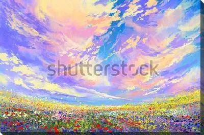 Картина маслом Яркое красивое небо над полем с разноцветными цветами