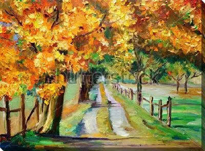 Картина маслом Осенний пейзаж с золотым клёном и просёлочной дорогой