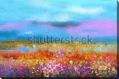 Картина маслом Пёстрые луговые цветы и голубое небо с сиреневыми облаками