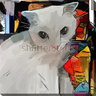 Картина маслом Выразительный портрет белой кошки на ярком красочном фоне 