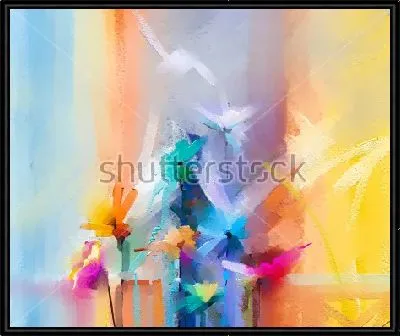 Яркая композиция с красочными абстрактными цветами на фоне с широкими разноцветными полосами