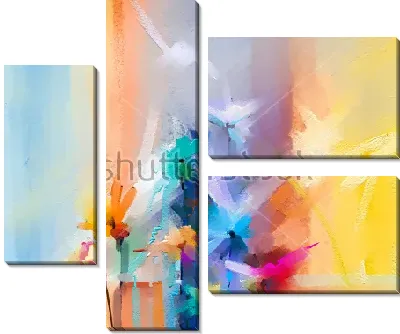 Яркая композиция с красочными абстрактными цветами на фоне с широкими разноцветными полосами