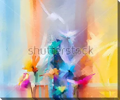 Яркая композиция с красочными абстрактными цветами на фоне с широкими разноцветными полосами