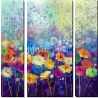 Модульная картина Ароматы реют в воздухе - красочная композиция с яркими цветами на фоне брызг и пятен