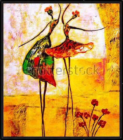 Грациозные танцовщицы - композиция с женскими силуэтами и красными цветами на жёлтом фоне