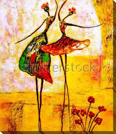 Картина маслом Грациозные танцовщицы - композиция с женскими силуэтами и красными цветами на жёлтом фоне