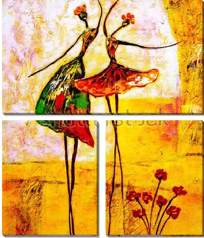 Грациозные танцовщицы - композиция с женскими силуэтами и красными цветами на жёлтом фоне