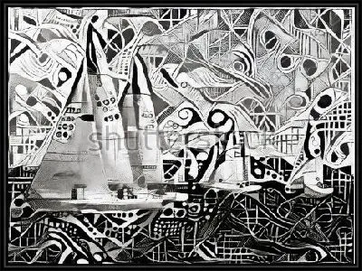 Яхты на регате - чёрно-белая композиция из геометрических элементов в стиле современного кубизма и футуризма