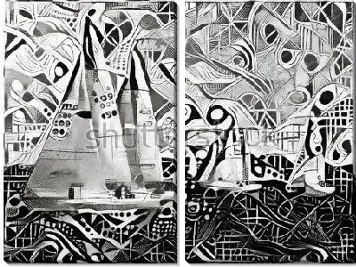 Яхты на регате - чёрно-белая композиция из геометрических элементов в стиле современного кубизма и футуризма