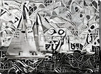 Яхты на регате - чёрно-белая композиция из геометрических элементов в стиле современного кубизма и футуризма