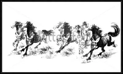 Бегущие кони - чёрно-белая иллюстрация в традиционной китайской технике росписи тушью